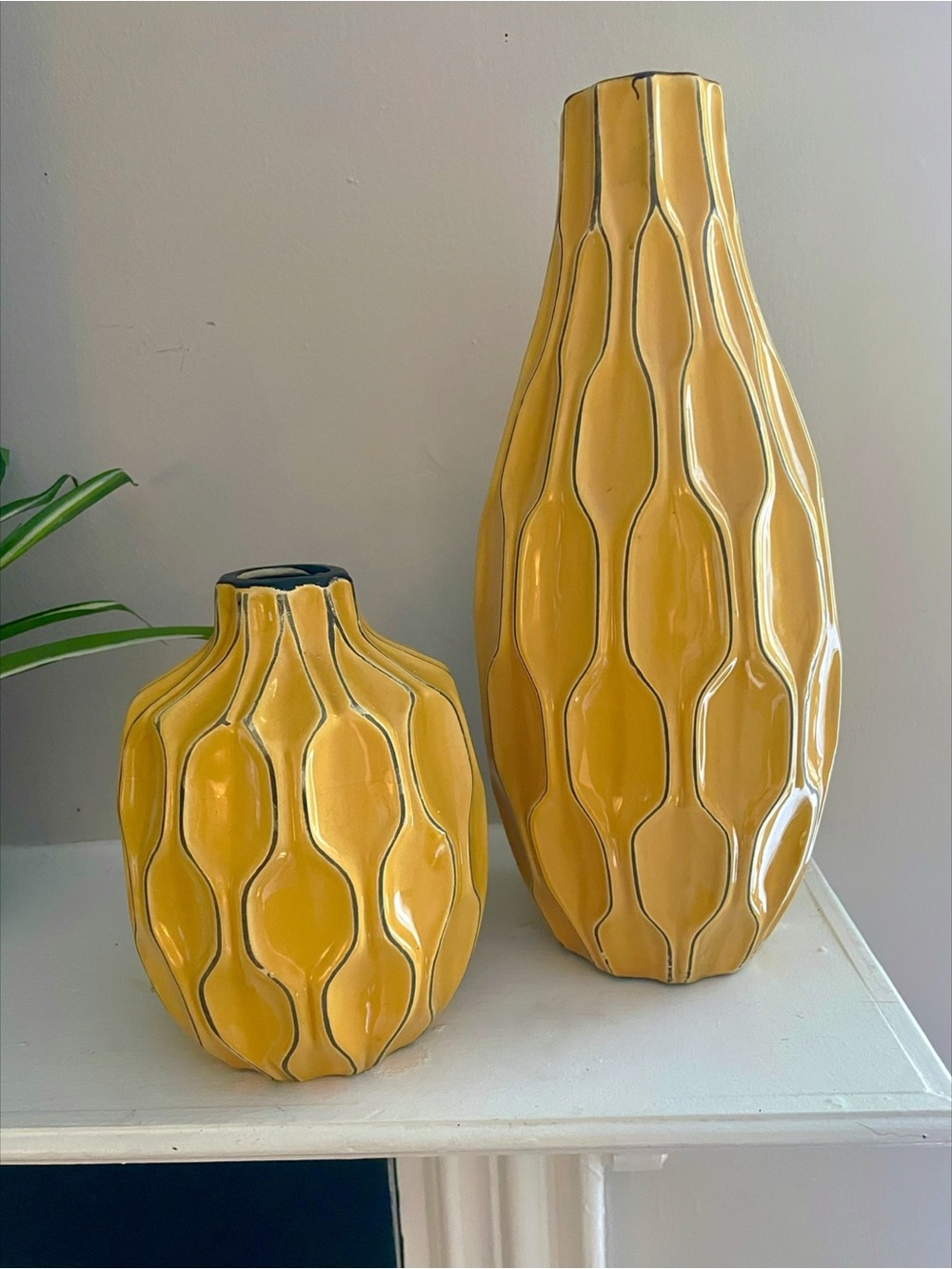 Set of Two Yellow Textured Ceramic Vases - Modern Decorative Accent